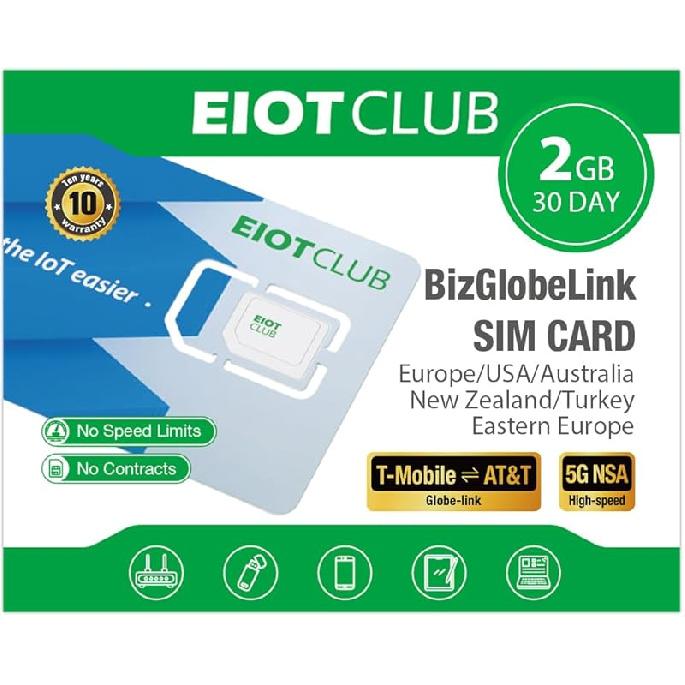 Международная SIM-карта EIOTCLUB - 5 ГБ/30 дней, 5G/4G SIM-карта для деловых поездок по США/Европе/более 200 стран, Предоплаченная SIM-карта для передачи данных для мобильного телефона, 2GB/30Day (EUR/AU/NZ/TR/U
