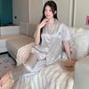 Ice Silk Pajamas Women'S Short-Sleeved Trousers Summer Silk Cute Kitten Jacquard Student Loungewear Set