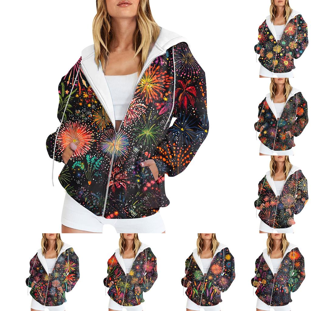 Women's Christmas Printed Sweatshirt  Winter Long Sleeve Cardigan Jacket With Pockets Zipper Hoodie Outerwear