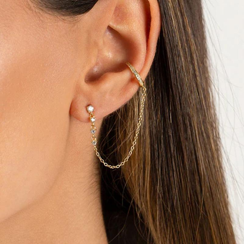 1PC Simple Stainless Steel Gold Color Chain Tassel Earring Zircon Stud Earrings Ear Clip Hypoallergenic Women's Jewelry