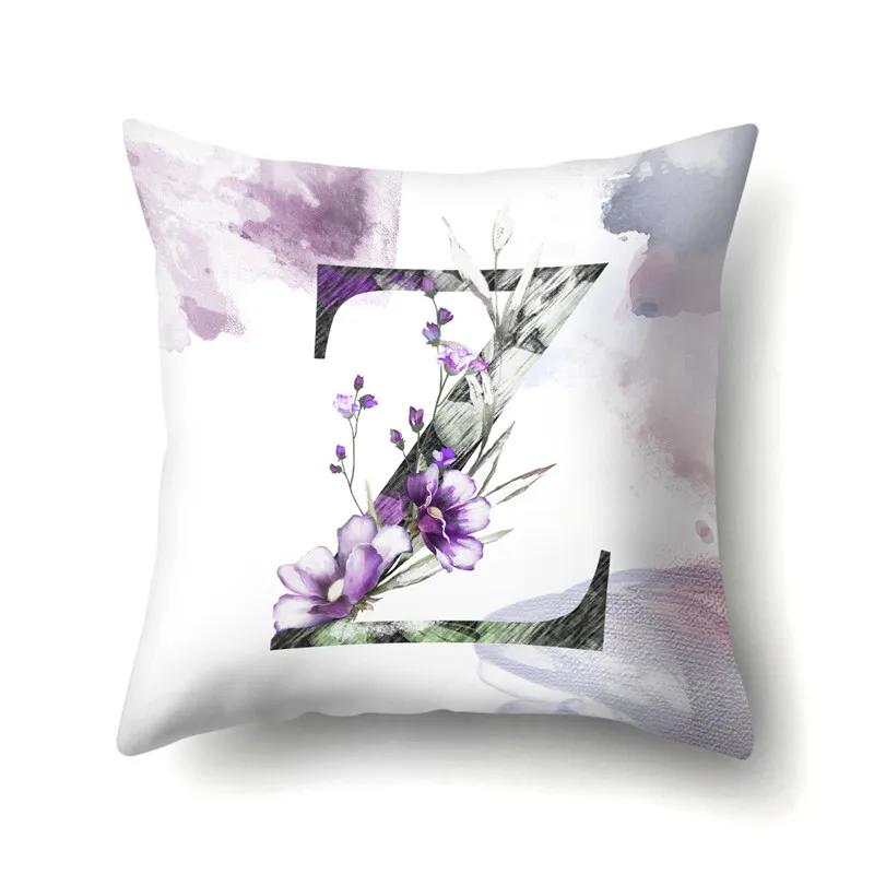 Decorative 26 Letters Polyester Pillow Case For Sofa Alphabet Flowers Printed Cushion Cover Case Home Decor Almofada 45X45Cm