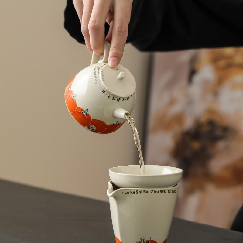 Kung Fu Ceramic Tea Set Plant Ash Persimmon Tea Pot with Bamboo Filter for Household Coffee & Tea Travel-Ready Kettle