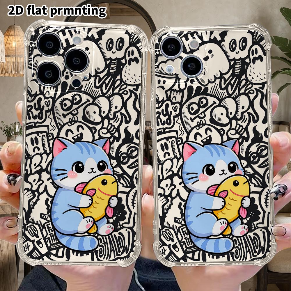 Phone Case: 2D flat suitable for iPhone 18 17 16 15 14 13 Pro, transparent four corner protective case, blue cat hugging a yellow fish, Christmas and