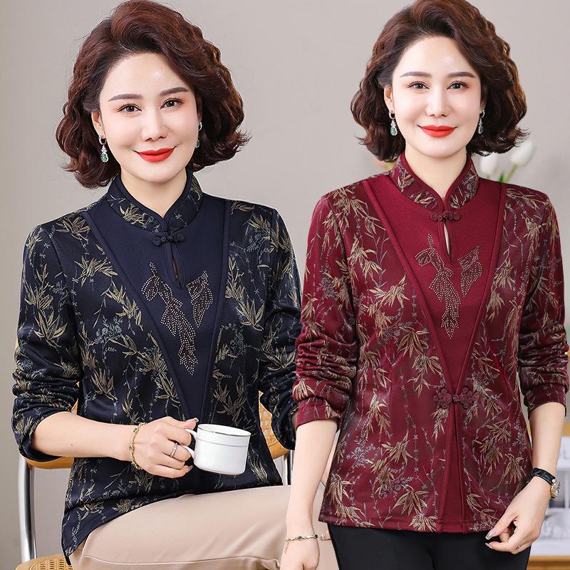 Elegant Long-Sleeve Red Chinese Print Top for Middle-Aged and Elderly Women - New Spring/Autumn Arrival