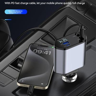 Chargeur de voiture rétractable, chargeur de voiture à charge rapide 4 en 1 120 W, câble rétractable et adaptateur de chargeur de voiture à 2 ports USB compatible