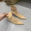 Fashion SUOJIALUN Winter New Thin Low Heel Women Ankle Boots Fashion Pointed Toe Slip On Chelsea Boots Shoes Soft Leather Short Boots