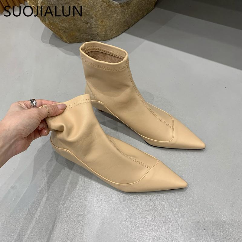 Fashion SUOJIALUN Winter New Thin Low Heel Women Ankle Boots Fashion Pointed Toe Slip On Chelsea Boots Shoes Soft Leather Short Boots
