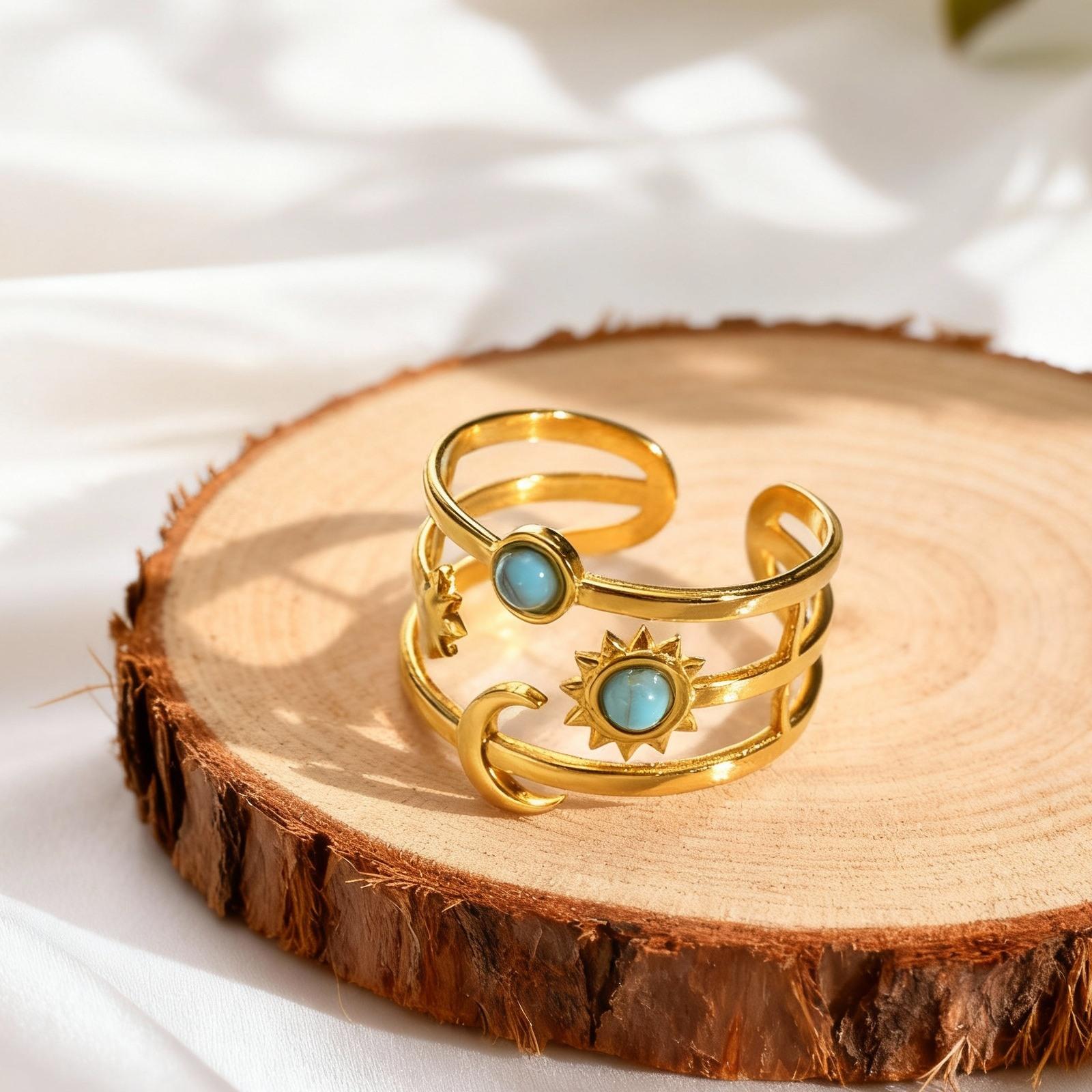 

Fashion Charm Turquoise Star And Moon Ring for Women Stainless Steel Three-Layer Opening Rings Wide Finger Jewelry Gift