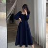 Hepburn-Style Retro V-Neck Black Dress for Women, 2025 Spring/Autumn, Long Over-the-Knee Length