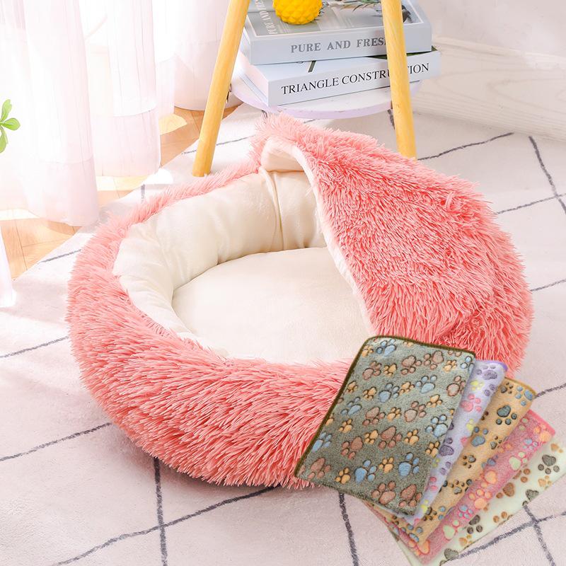Cozy Plush Cat Bed - Round, Semi-Enclosed for Deep Sleep
