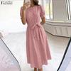 ZANZEA Summer Women Short Sleeve Front Lace Splicing Casual Long Maix Dress