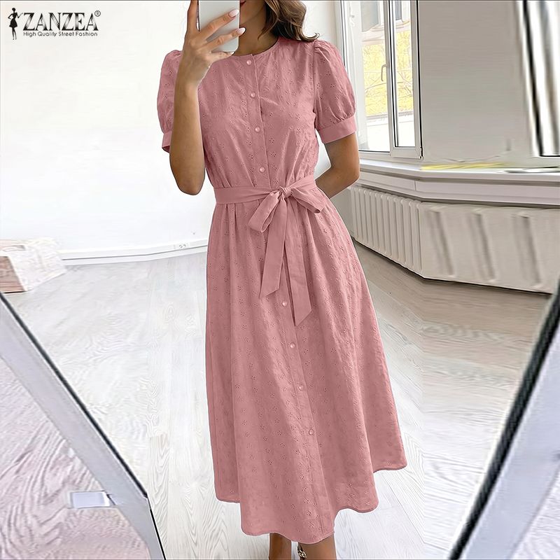 ZANZEA Summer Women Short Sleeve Front Lace Splicing Casual Long Maix Dress