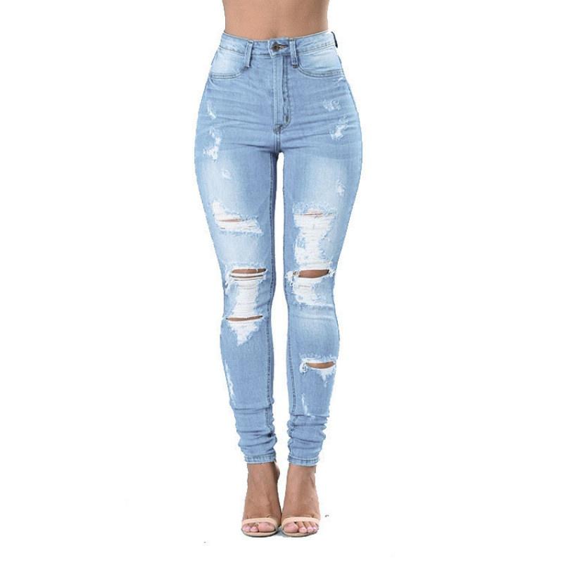 Women's Fashion Ripped Jeans Stretch Thin Beggar Pants Casual Denim Pants High Waist Leggings Trousers