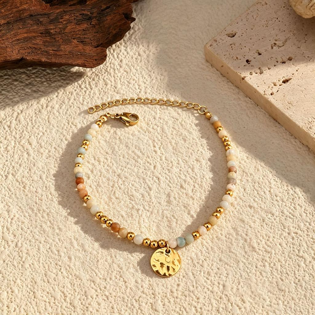 European and American retro natural stone beaded beating pattern pendant bracelet women's stainless steel gold-plated ethnic style niche hand jewelry