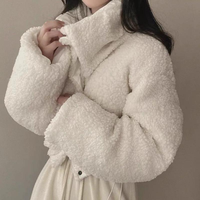Women's Double-Sided Lambswool Cotton Puffer Jacket - Short Lapel, Loose Fit, Korean Style, Long Sleeve Winter Coat