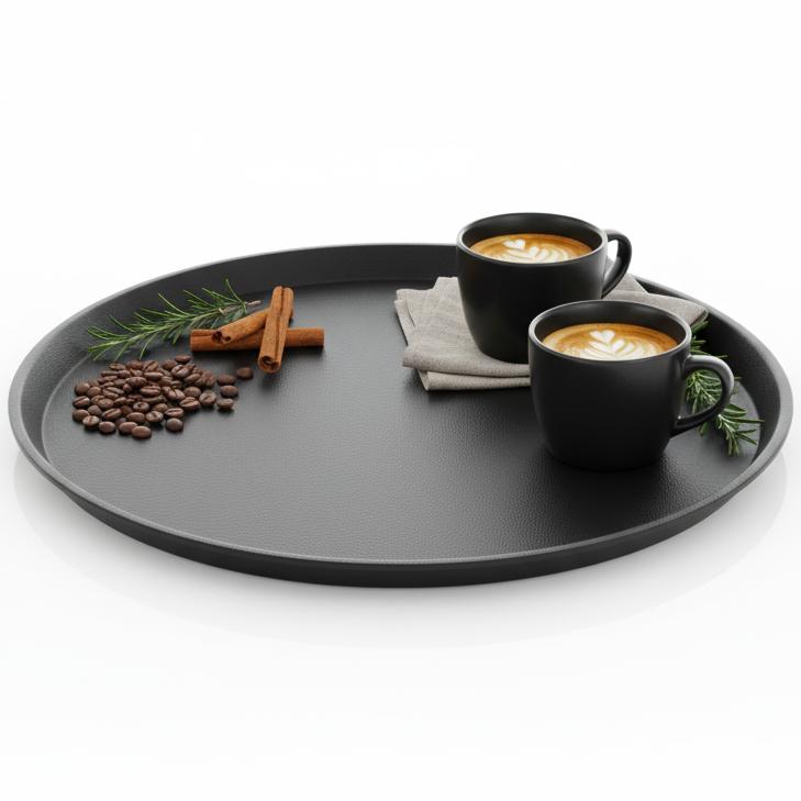 ANTI-SLIP BLACK ROUND KITCHEN SERVING TRAY 36 cm