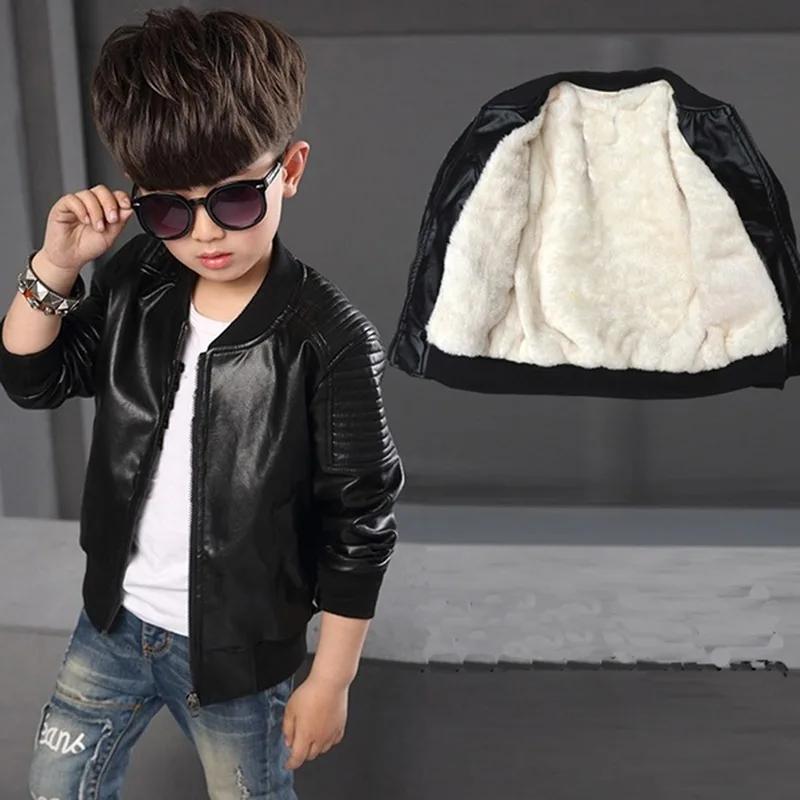 Boys Coats Autumn Winter Fashion Korean Children's Plus Velvet Warming Cotton PU Leather Jacket