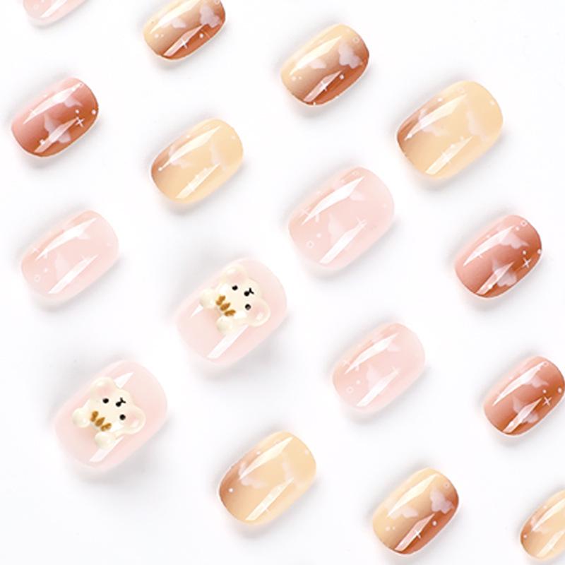 Brown Little Bear Caramel Pink Cloud False Nail Press-Ons