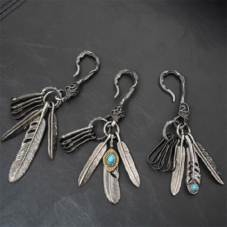Distinctive Feather Keychain Charm In Antique Silver With Turquoise for Individualistic Fashion Statements Pieces