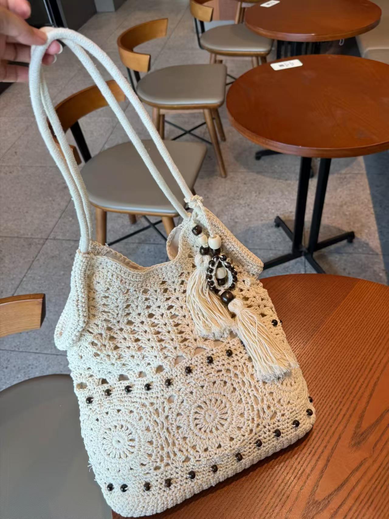 

Женская вязаная хлопковая сумка с кисточками - Повседневная пляжная сумка на плечо для отпуска белый