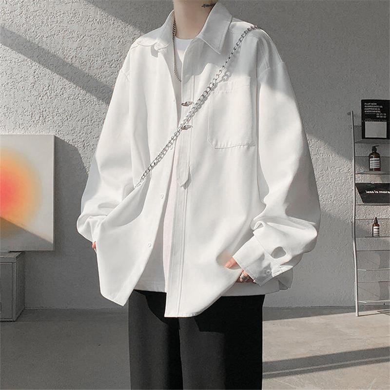 Módní plus velikosti ležérní košile pánské jaro podzim jednobarevné s dlouhým rukávem volné tričko mužský Harajuku streetwear bílá černá halenka 5XL