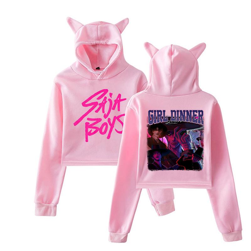 Cartoon Characters KPop Demon Hunters Printed Women Hoodie Cat Ears Long Sleeve Crop Tops Saja Boys Trend Harajuku Streetwear Women's Clothing