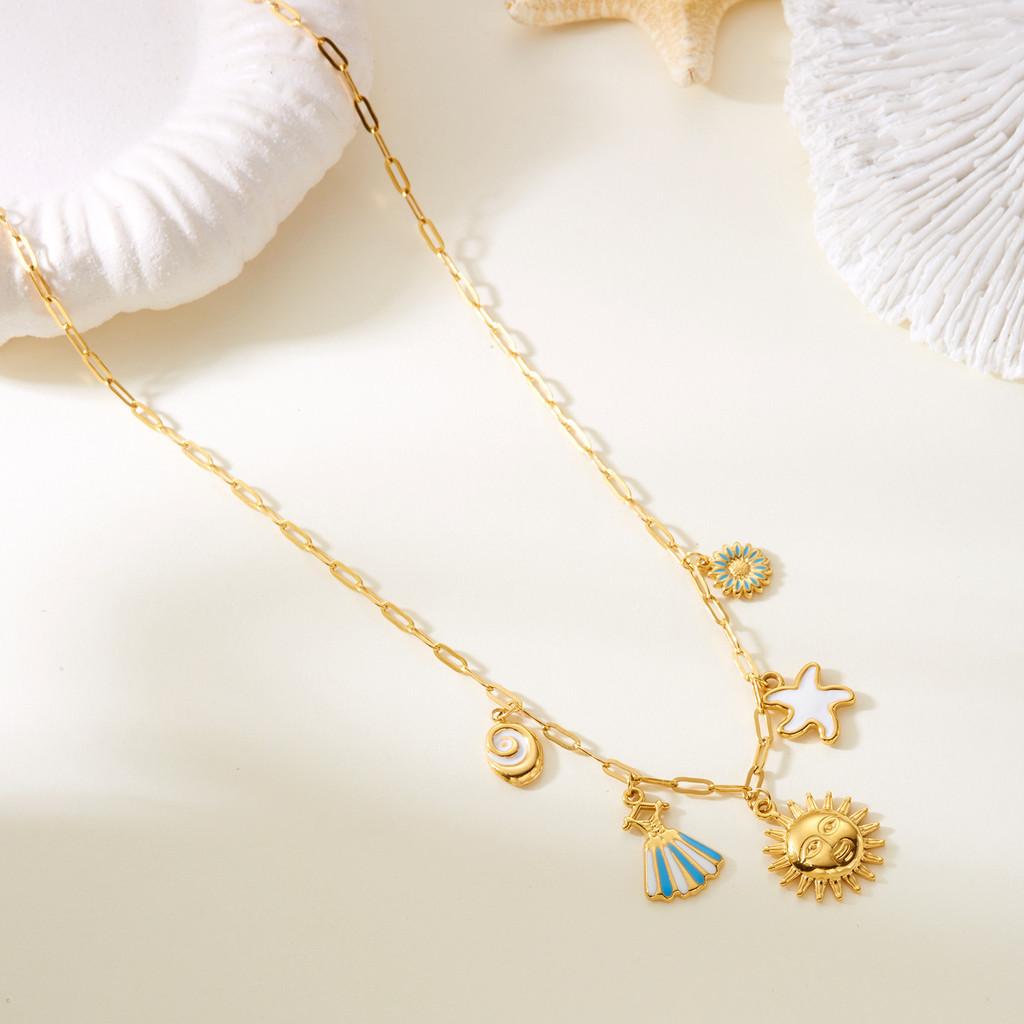 Summer Beach Vacation Jewelry Multilayer Stainless Steel Crab Shell Turtle Pendant Necklace For Women