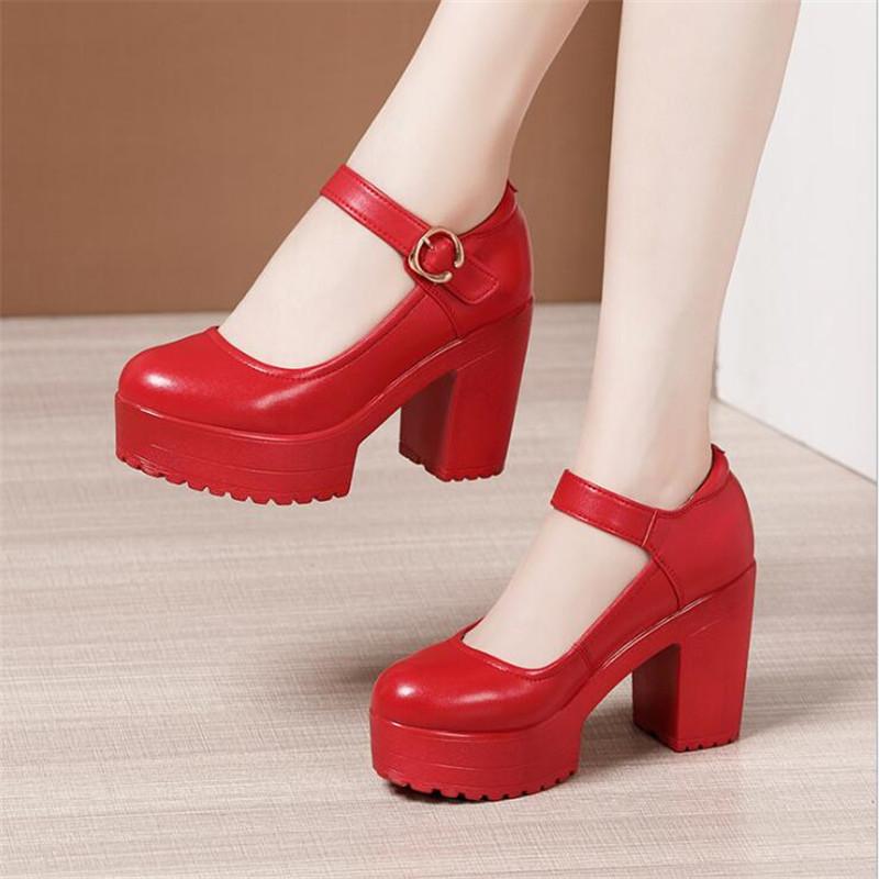 Women's High Heel Shoes Genuine Leather Pumps Platform Mary Jane Shoes Women Office Work Shoe Women's Wedding Shoes 32-43