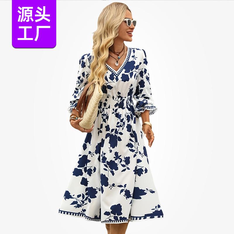 Wind waist print dress V-neck waist long sleeve elegant medium and long dress women's clothing