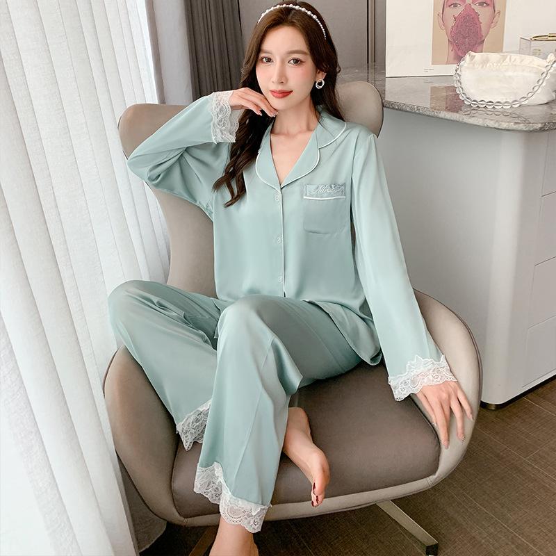 Pajamas women's spring and autumn thin ice silk long-sleeved two-piece set small fresh satin chiffon loungewear simple and casual