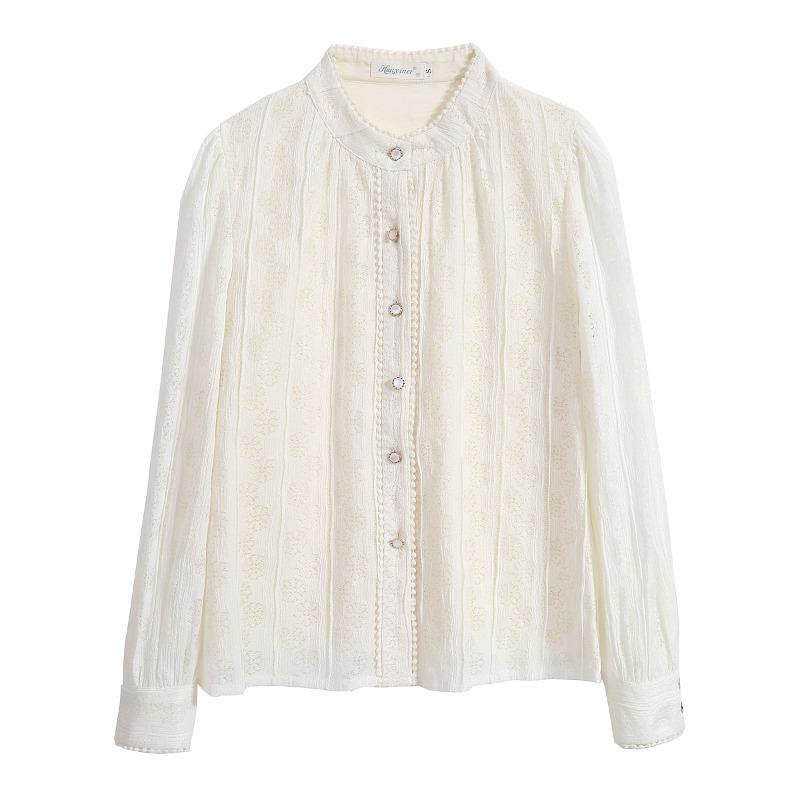 Elegancka i wyszczuplająca koronkowa bluzka w koreańskim stylu z bufiastymi rękawami i stójką