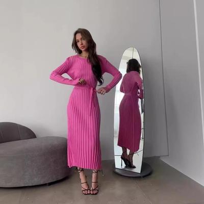 2024 Autumn Women's Solid Color Slim Fit Knitted Long Dress with Round Neck