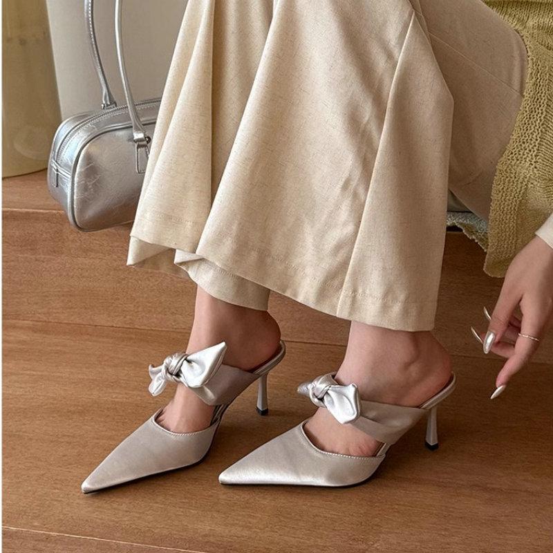 Fashion Silk Pointed Bow Thin High-heeled Shoes for Women Spring and Summer 2025 Casual and Fashion Slippers Ladies Designer Sandals
