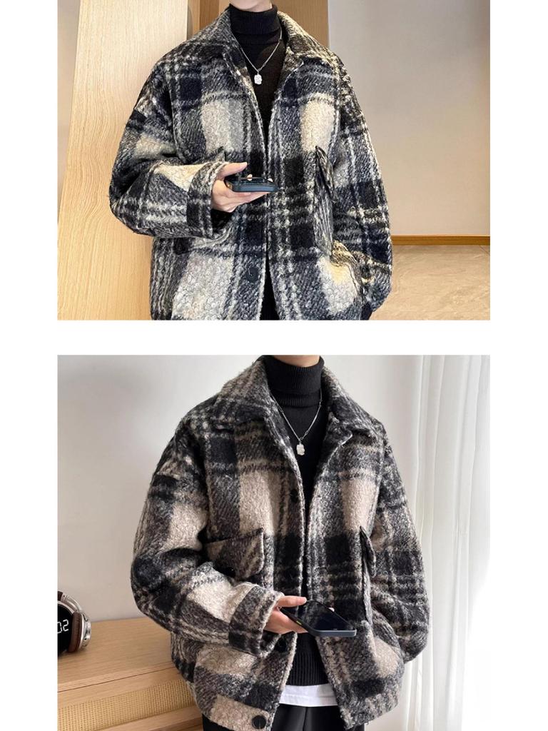 Men's Retro Plaid Wool Coat: Trendy, High-End, Thickened, Warm, Autumn/Winter Casual Jacket