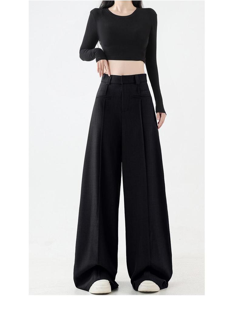 2025 High Waist Slim Straight Women's Floor-Length Drape Pants - Spring & Autumn Wide-Leg Suit Style.