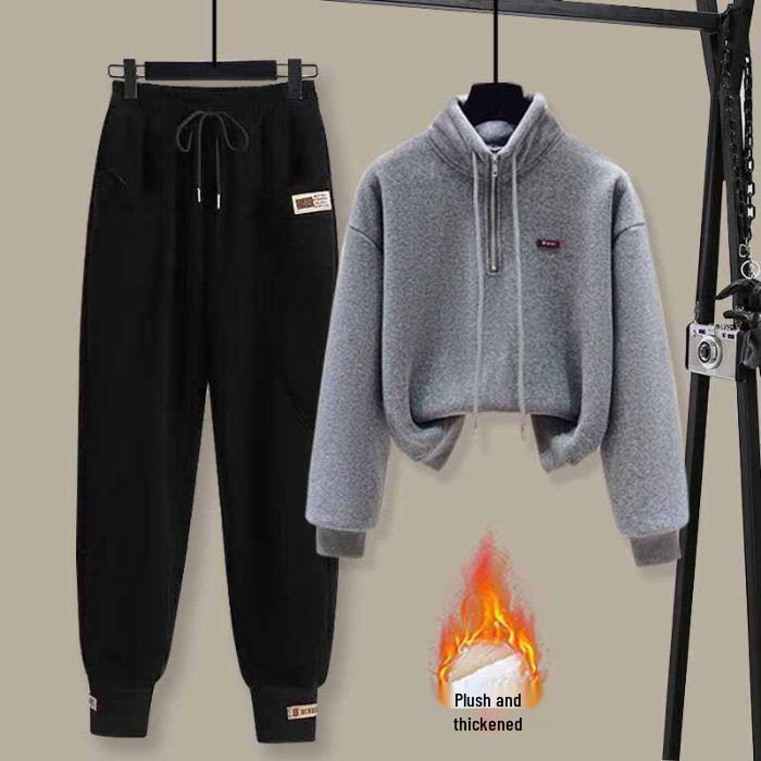 Trendy Women's Fleece Half-Zip Stand Collar Sweatshirt & Loose Harem Pants Set