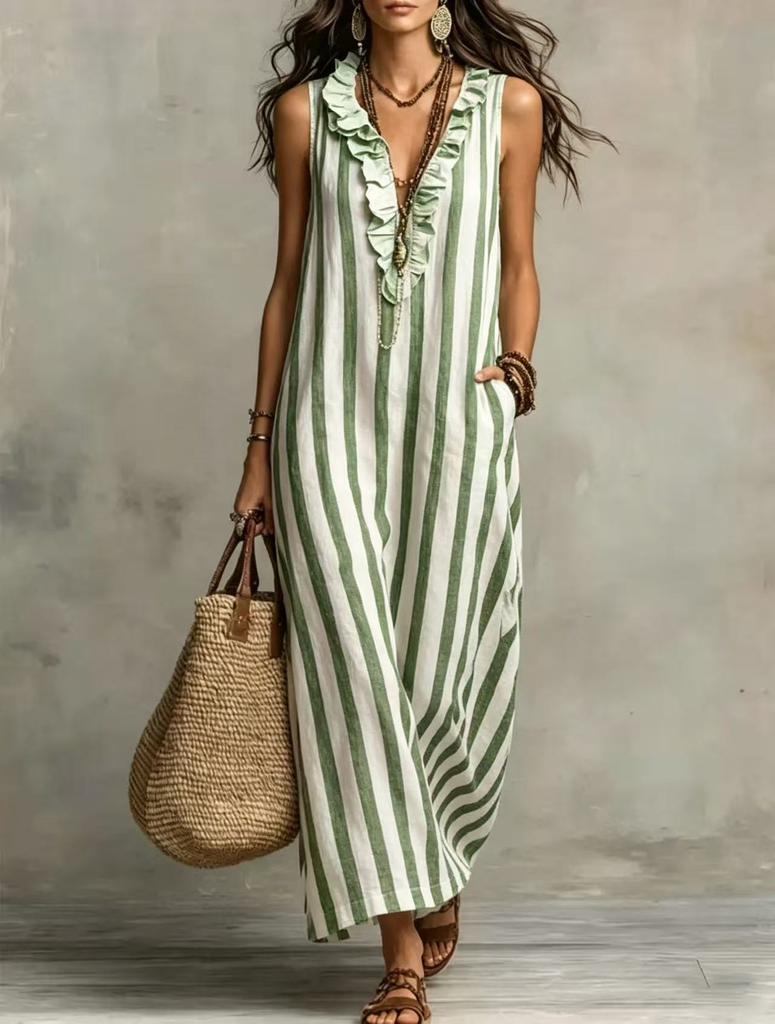 European and American cross-border women's clothing Amazon 2026 new bohemian temperament vertical striped V-neck pocket sleeveless long dress