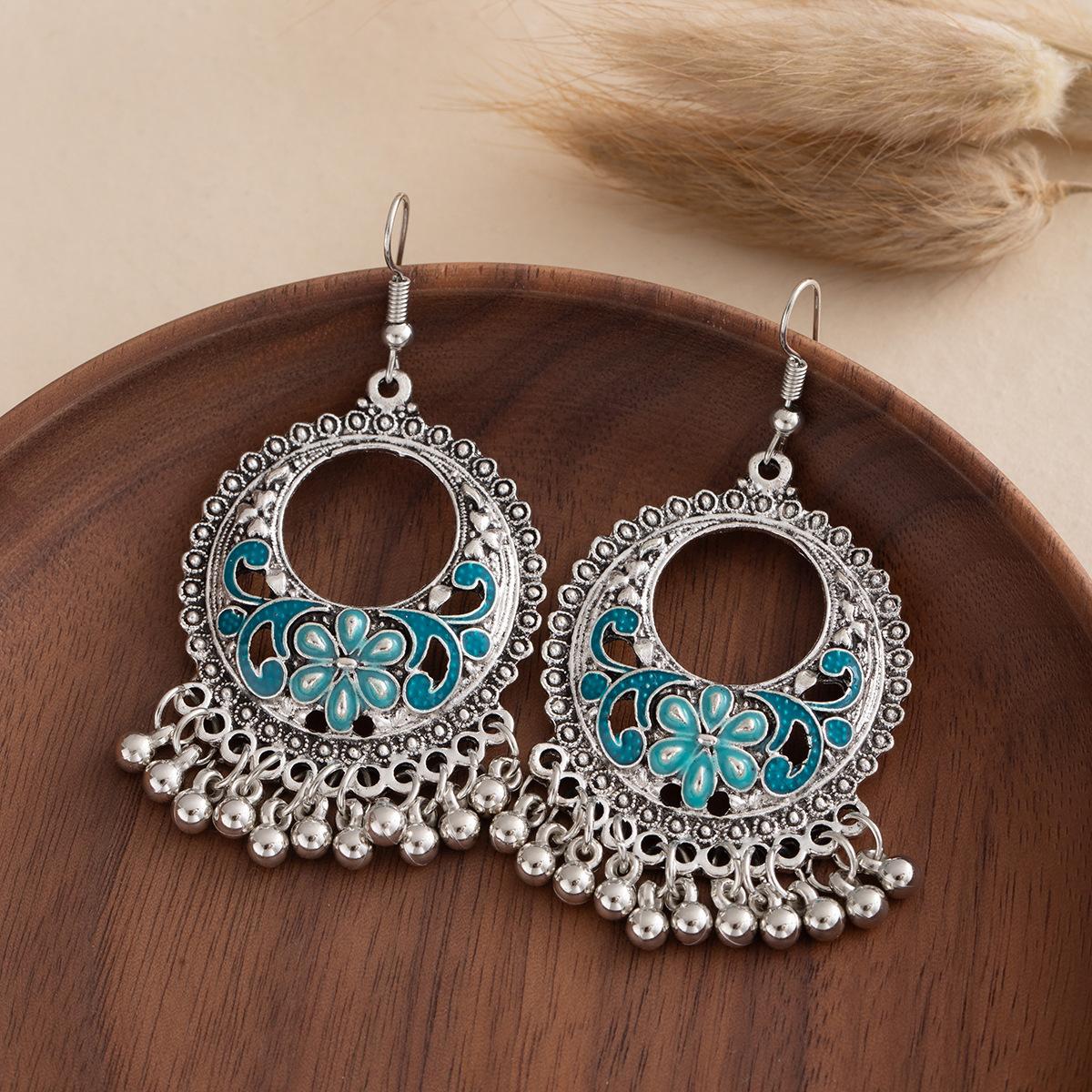 

Geometric Water Drop Round Bell Earrings Bohemian Style Earrings Fringed Hollow Fashion Personality Ear Accessories