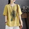 Women's Retro Print Cotton Linen T-shirt, Short Sleeve, Loose Fit, Plus Size, 2024 Summer Style Top