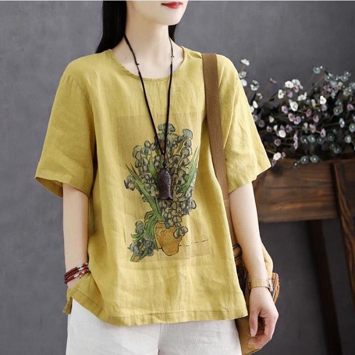 Women's Retro Print Cotton Linen T-shirt, Short Sleeve, Loose Fit, Plus Size, 2024 Summer Style Top