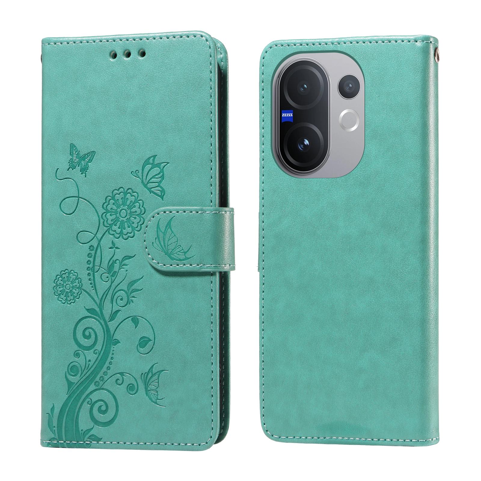 For vivo V60 5G Leather Case Butterfly Floral Imprint Wallet Stand Cover C