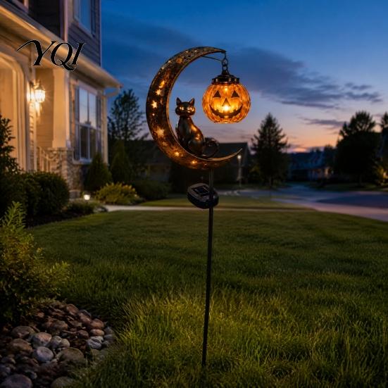Black Cat And Pumpkin Lawn Decor Halloween Solar Garden Light, Moon Stake Pathway Lights for Home Courtyard Waterproof LED Yard Decoration Outdoor