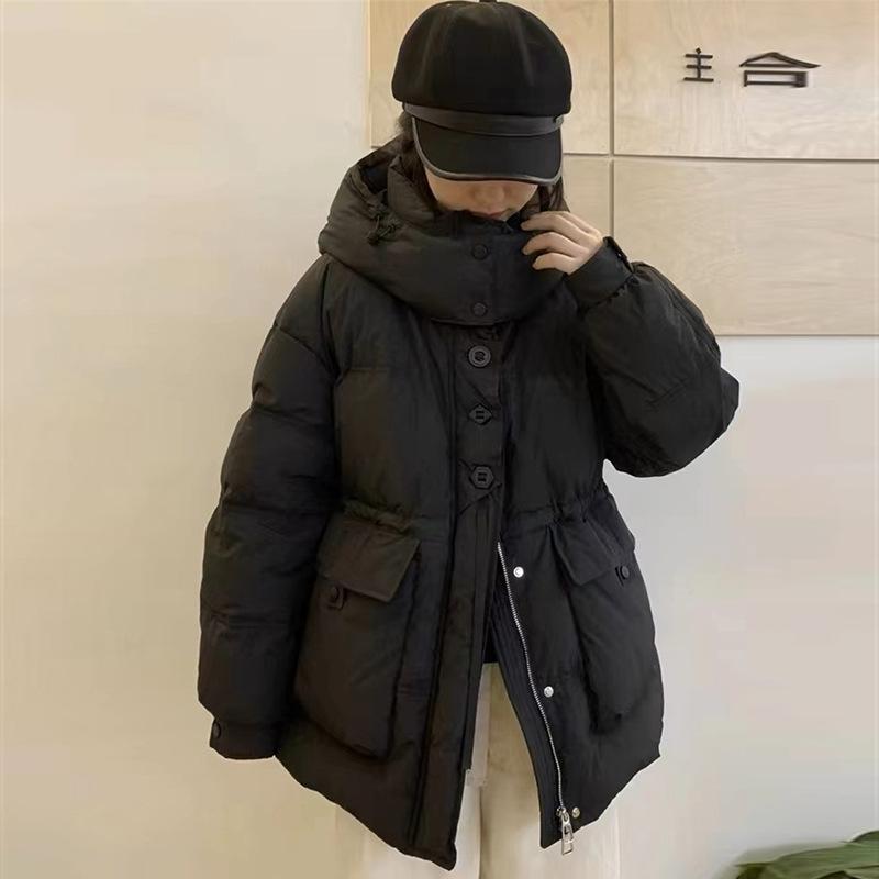 Waist hooded down jacket women's short 2024 winter sweet warm white duck down round buckle tooling jacket tide