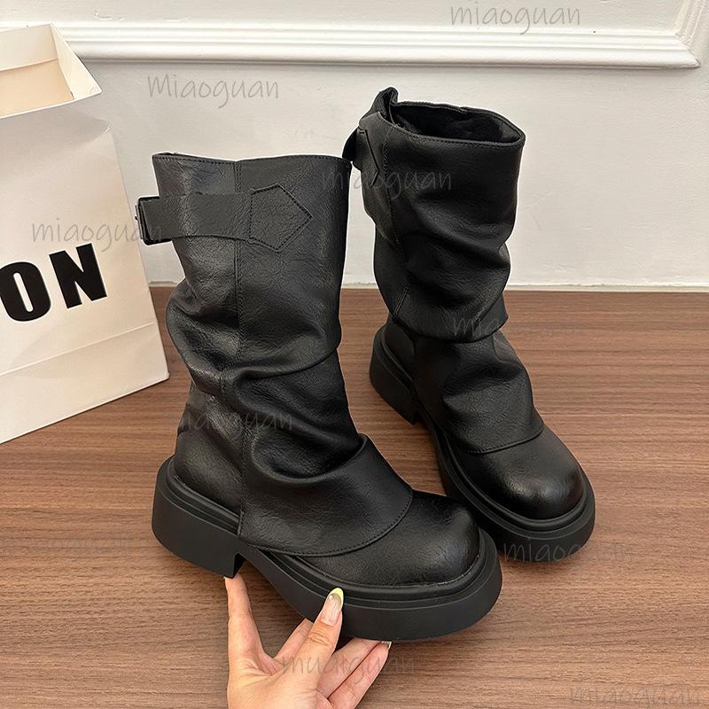 Fashion Autumn Vintage Thick Bottom Woman Knight Boots Fashion Belt Buckle Ladies Slip on Short Booties Black Brown PU Pleated Botas