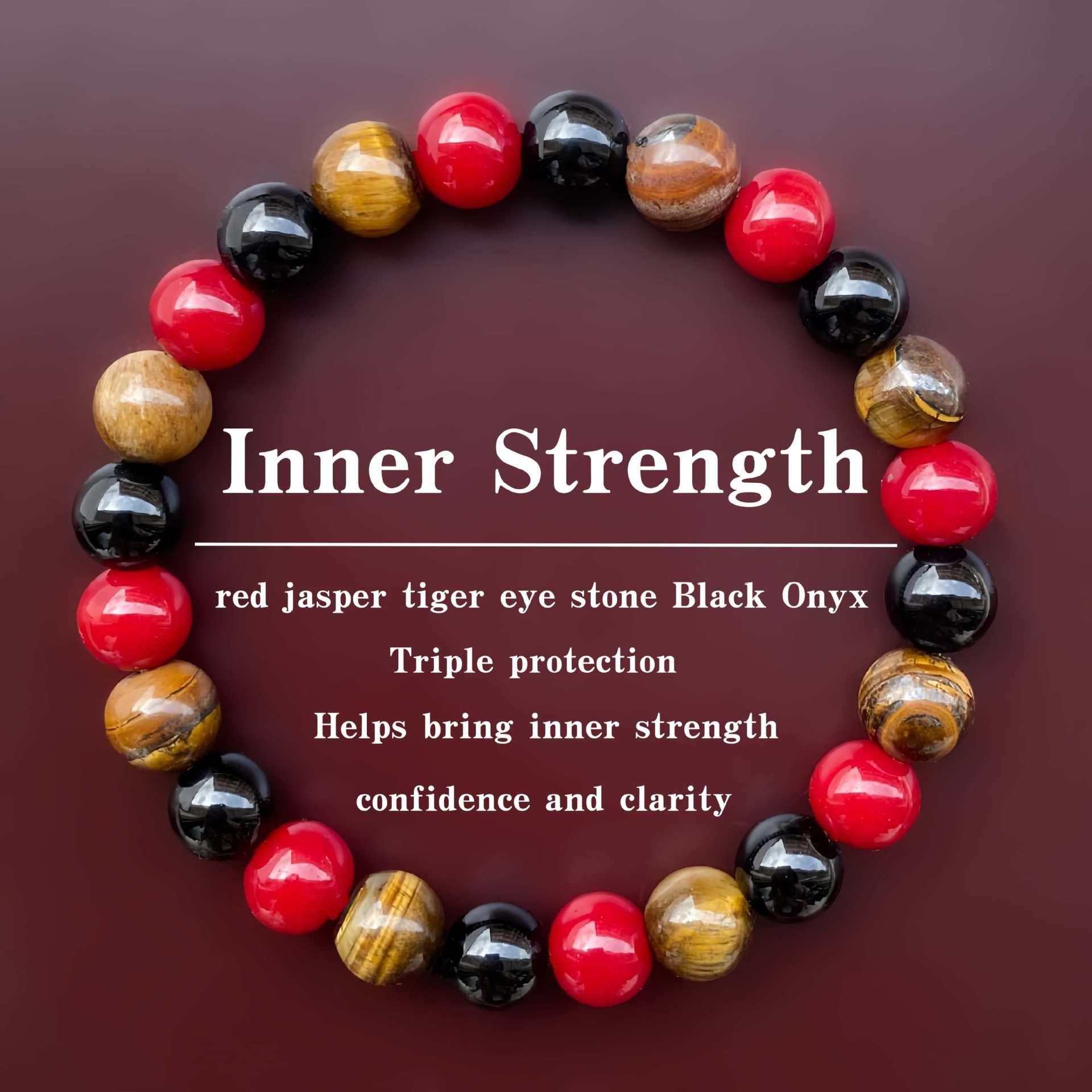 

Natural Stone Beaded Bracelet Red Jasper Tiger Eye Black Onyx Elastic Stretch Gemstone Wristband for Men and Women