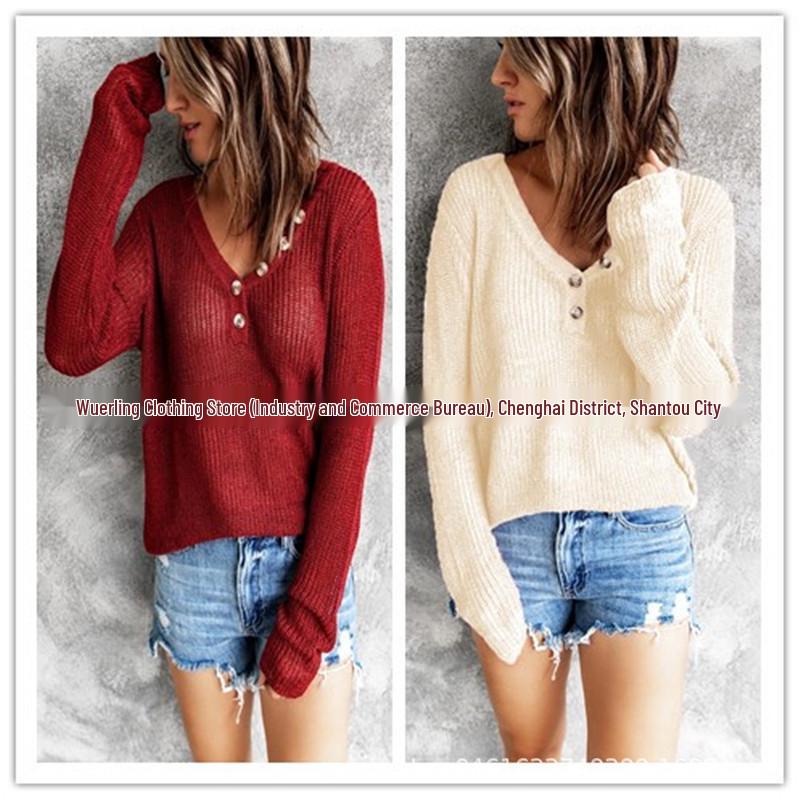 V-neck Button Wool Knit Top - Women's Autumn/Winter Knitwear