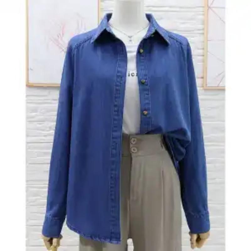 Dames Gewassen Blauw Denim Blouse Lange Mouw Knopen Top
