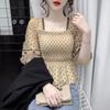 Mesh-Einsätze Wellenpunkt Bluse Damen Crop Top Quadratischer Ausschnitt Chiffonhemd Elastischer Raffrücken Temperament Feenhafter Stil Sommer
