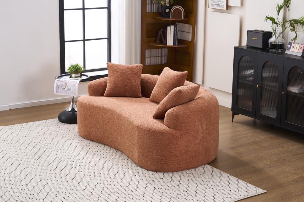 Modular, Curved Two-seater Sofa, Contemporary Style, Including Three Decorative Cushions, Ideal for Small Apartments, No Assembly Required, Coral Pink