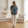 Women Short Sleeve Henley Button Neck Shirt Linen Cotton Blend Casual Chest Pocket Printed Top